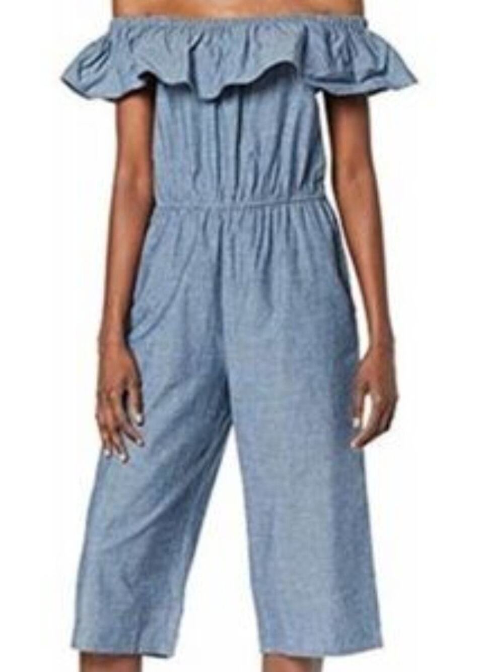 dRA Los Angeles Women's Chambray Ruffled Off The Shoulder Jumpersuit XS Wide Leg